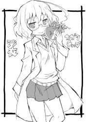 Rule 34 | 1girl, ahoge, blush, closed mouth, commentary request, copyright name, framed, glasses, greyscale, hand up, heart, holding, kagaku chop, lab coat, looking at viewer, messy hair, monochrome, outside border, pleated skirt, school uniform, short hair, simple background, skirt, smile, solo, standing, suzuzono sai, sweater vest, translation request, valentine, white background, zubatto (makoto)