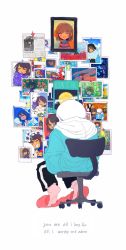 Rule 34 | black shorts, blue hoodie, blue shirt, brown hair, chair, closed eyes, drawing (object), frisk (undertale), from behind, hands in pockets, hood, hoodie, looking at viewer, office chair, open mouth, picture frame, pink footwear, sans (undertale), shirt, short hair, shorts, simple background, smile, soseji (tjduswjd), striped clothes, striped shirt, swivel chair, tiptoes, undertale, white background, white hood