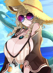 Rule 34 | 1girl, animal ear fluff, animal ears, arknights, ball, beach, beachball, bikini, blonde hair, blue-tinted eyewear, blue-tinted glasses, braid, breasts, cat ears, cleavage, hat, highres, huge breasts, jewelry, kirishina (raindrop-050928), necklace, official alternate costume, open clothes, open mouth, parted lips, purple-tinted eyewear, purple-tinted glasses, purple eyes, snake tail, solo, striped bikini, striped clothes, sun hat, sunglasses, swimsuit, swimsuit cover-up, tail, tinted eyewear, twin braids, twintails, upper body, utage (arknights), utage (summer flowers) (arknights), vertical-striped bikini, vertical-striped clothes