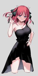 Rule 34 | 1girl, absurdres, black dress, blue eyes, blush, breasts, cleavage, collarbone, dress, go-toubun no hanayome, grey background, hair ornament, hair ribbon, hand on own hip, highres, large breasts, legs, long hair, looking at viewer, nakano nino, profnote, red hair, ribbon, simple background, single-shoulder dress, solo