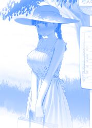 Rule 34 | 1girl, @ @, bag, blue theme, blush, braid, breasts, closed mouth, collarbone, commentary request, dress, getsuyoubi no tawawa, hat, highres, himura kiseki, holding, holding bag, large breasts, looking at viewer, monochrome, short hair, sleeveless, sleeveless dress, smile, solo, sundress, sweatdrop, twin braids