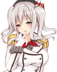 Rule 34 | 10s, 1girl, beret, breasts, buttons, epaulettes, finger to mouth, frilled sleeves, frills, gloves, grey eyes, hand up, hat, jacket, kantai collection, kashima (kancolle), kerchief, large breasts, looking at viewer, military, military uniform, open mouth, sidelocks, silver hair, solo, suishin tenra, suitenjh, twintails, uniform, wavy hair, white gloves