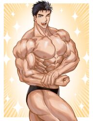 Rule 34 | 1boy, ;d, abs, bara, biceps, black hair, black male underwear, blue eyes, bodybuilder, cowboy shot, domo (domo kizusuki), flexing, highres, kokado shido (domo), large pectorals, male focus, male underwear, manly, muscular, muscular male, nipples, one eye closed, open mouth, original, pectorals, short hair, shredded muscles, side chest pose, sideburns, smile, solo, sparkle, thick arms, thick eyebrows, thick thighs, thighs, topless male, underwear, underwear only, veins, veiny arms