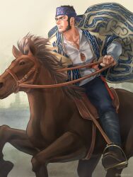 Rule 34 | 1boy, ainu clothes, bara, beard, black hair, bursting pectorals, buzz cut, chest hair, collared shirt, facial hair, from below, frown, full body, golden kamuy, hairy, headband, horseback riding, large pectorals, looking to the side, male focus, mature male, muscular, muscular male, nopinzo, official alternate costume, pants, pectoral cleavage, pectorals, riding, shirt, short hair, sideburns, solo, tanigaki genjirou, thick eyebrows, very short hair, wind