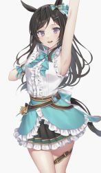 Rule 34 | 1girl, animal ears, armpits, belt, black hair, commentary, cowboy shot, ear ornament, eyelashes, forehead, frilled shirt, frilled skirt, frills, gloves, hair ornament, hand on own chest, highres, horse ears, horse girl, horse tail, looking at viewer, mejiro dober (umamusume), open mouth, oshage (osyage921), parted bangs, purple eyes, shirt, simple background, skirt, sleeveless, tail, teeth, thigh gap, thigh strap, umamusume, upper teeth only, white background, white gloves