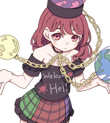 Rule 34 | 1girl, absurdres, black headwear, black shirt, blush stickers, chain, closed mouth, clothes writing, collarbone, cowboy shot, earth (ornament), hecatia lapislazuli, highres, kame (kamepan44231), moon (ornament), multicolored clothes, multicolored skirt, off-shoulder shirt, off shoulder, one-hour drawing challenge, red eyes, red hair, shirt, short hair, short sleeves, simple background, skirt, solo, t-shirt, touhou, white background