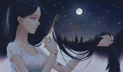 Rule 34 | 1girl, ambiguous gender, arm up, bibido, black hair, blue eyes, breasts, cleavage, crying, crying with eyes open, cutting hair, cutting own hair, doll joints, dress, from side, full moon, highres, holding, holding hair, joints, long hair, moon, night, night sky, original, outdoors, pointing, silhouette, sitting, sky, small breasts, solo, standing, star (sky), starry sky, tears, tree, upper body, very long hair, white dress