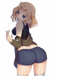 Rule 34 | 1girl, ass, black shirt, blonde hair, blue eyes, blue shorts, brown jacket, commentary request, cowboy shot, emblem, from behind, girls und panzer, grin, hair intakes, highres, jacket, kay (girls und panzer), long hair, long sleeves, looking at viewer, looking back, military, military uniform, off shoulder, rintaro (kousuke032711), saunders military uniform, shirt, short shorts, shorts, simple background, smile, solo, standing, star (symbol), thighhighs, uniform, white background, white thighhighs