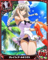 Rule 34 | 1girl, bare shoulders, black panties, blue bow, blue sky, bow, braid, breasts, card (medium), chess piece, cleavage, cloud, dress, female focus, grayfia lucifuge, grey eyes, grey hair, hair bow, hat, high school dxd, holding, large breasts, long hair, matching hair/eyes, mature female, official art, palm tree, panties, pantyshot, queen (chess), red lips, side-tie panties, sky, smile, strapless, strapless dress, tree, twin braids, underwear, white dress