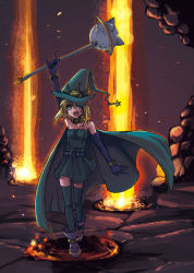 Rule 34 | \m/, bad id, bad pixiv id, blonde hair, boots, cape, collar, elbow gloves, gloves, green eyes, hat, kaida michi, mace, lava, original, solo, thighhighs, weapon, witch, witch hat