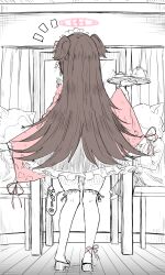 Rule 34 | 1girl, absurdres, aftersex, ankle ribbon, blue archive, brown hair, chair, commentary request, cum, cumdrip, dog, full body, halo, highres, holding, holding tray, japanese clothes, ki no nekko, leg ribbon, long hair, long sleeves, maid, maid headdress, notice lines, pink halo, ribbon, shizuko (blue archive), skirt, solo, solo focus, spot color, table, tea, thighhighs, translated, tray, wa maid, window