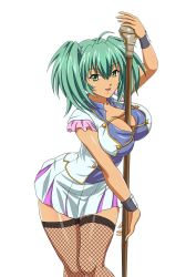 Rule 34 | 1girl, between breasts, blush, breasts, curvy, dark-skinned female, dark skin, female focus, fishnet thighhighs, fishnets, green eyes, green hair, ikkitousen, large breasts, long hair, looking at viewer, official art, ryofu housen, simple background, solo, thighhighs, twintails, white background