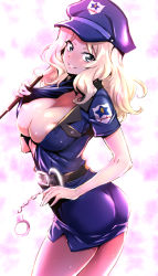 Rule 34 | 1girl, alternate costume, arched back, areola slip, ass, belt, black belt, black skirt, blonde hair, blouse, blue eyes, blue hat, blue shirt, blush, breasts, cleavage, closed mouth, collared shirt, commentary request, covered erect nipples, cowboy shot, cuffs, emblem, from side, girls und panzer, handcuffs, hat, highres, holding, huge breasts, kay (girls und panzer), leaning forward, light particles, long hair, looking at viewer, miniskirt, nakahira guy, no bra, open clothes, open shirt, opened by self, pantyhose, partial commentary, partially unbuttoned, peaked cap, pencil skirt, police, police hat, police uniform, policewoman, riding crop, saunders (emblem), see-through, see-through legwear, shirt, short sleeves, skirt, smile, solo, standing, thighs, uniform