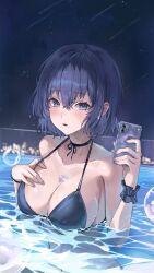 Rule 34 | 1girl, 2gong (9ujin ), absurdres, bikini, black bikini, black choker, blue eyes, blue hair, borrowed character, breasts, bust cup, caustics, cellphone, choker, cleavage, collarbone, duplicate, halterneck, hand on own chest, hand up, highres, holding, holding phone, large breasts, looking at viewer, mole, mole under mouth, naomi (hinaki 0102), open mouth, original, phone, pixel-perfect duplicate, pool, short hair, smartphone, solo, string bikini, swimsuit, water, wet, wrist cuffs