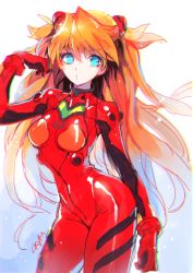 Rule 34 | 1girl, adjusting hair, blue eyes, bodysuit, bracer, breasts, bright pupils, chkuyomi, contrapposto, cowboy shot, curvy, from side, gloves, gradient background, hair between eyes, hand up, headgear, hip focus, long hair, looking at viewer, medium breasts, narrow waist, neon genesis evangelion, orange hair, parted lips, pilot suit, plugsuit, shiny clothes, signature, sketch, skin tight, solo, souryuu asuka langley, standing, thighs, turtleneck, two side up, very long hair, wide hips