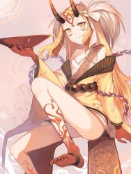Rule 34 | 1girl, bare legs, bare shoulders, barefoot, beads, blonde hair, breasts, claws, cup, facial mark, fang, fang out, fate/grand order, fate (series), fingernails, hair ornament, highres, holding, horns, ibaraki douji (fate), japanese clothes, leg up, long hair, long sleeves, looking at viewer, markings, off shoulder, oni, oni horns, rope, sakazuki, sharp fingernails, sharp toenails, shiba inu (happy13227), shimenawa, small breasts, smile, solo, sparkle, tattoo, tiger stripes, toenails, wide sleeves, yellow eyes