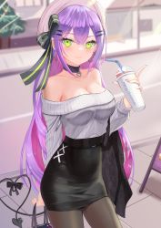 Rule 34 | 1girl, arm behind back, bad id, bad twitter id, bag, bare shoulders, beret, black bow, black skirt, blurry, bow, breasts, choker, cleavage, closed mouth, collarbone, commentary, cross-laced clothes, cross-laced skirt, crossed bangs, cup, demon tail, depth of field, disposable cup, ear piercing, earrings, english commentary, english text, green eyes, hair ribbon, hand up, hat, heart, heart choker, heart of string, heart tail, high-waist skirt, highres, holding, holding bag, holding cup, hololive, jewelry, jiang ye kiri, large breasts, long hair, looking at viewer, off-shoulder sweater, off shoulder, outdoors, pantyhose, pencil skirt, piercing, pink hat, purple choker, purple hair, ribbed sweater, ribbon, road, shirt tucked in, skirt, smile, solo, standing, street, sweater, tail, tail bow, tail ornament, tail piercing, tokoyami towa, tsurime, very long hair, virtual youtuber, white sweater