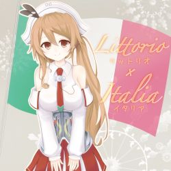Rule 34 | 10s, 1girl, absurdres, brown eyes, brown hair, detached sleeves, headgear, highres, italia (kancolle), italian flag, italy, kantai collection, littorio (kancolle), long hair, looking at viewer, name connection, side ponytail, smile, solo, v arms, yamiarisu