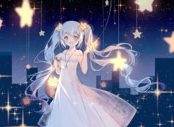 Rule 34 | 1girl, :d, bad id, bad pixiv id, bag, bare shoulders, blue eyes, blue hair, blush, clouble, collarbone, commentary request, dress, hatsune miku, highres, holding, holding star, long hair, off-shoulder dress, off shoulder, open mouth, sidelocks, sketch, sleeves past wrists, smile, solo, sparkle, star (symbol), twintails, very long hair, vocaloid, white dress