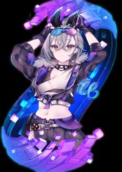 Rule 34 | 1girl, absurdres, arms up, black background, black bow, blush, bow, breasts, cleavage, commentary, cropped jacket, cropped legs, english commentary, fur-trimmed jacket, fur trim, goggles, goggles on head, grey eyes, grey hair, hair bow, highres, honkai: star rail, honkai (series), jacket, long hair, long sleeves, medium breasts, midriff, navel, pale skin, parted lips, silver wolf (honkai: star rail), simple background, solo, tactoki