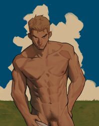 Rule 34 | 1boy, abs, absurdres, bara, blonde hair, covering privates, cowboy shot, edeued (dpemrmfla), highres, looking at viewer, male focus, mature male, navel, navel hair, nipples, nude cover, original, pectorals, penis, penis peek, seductive smile, short hair, smile, solo, stomach, thick eyebrows, toned, toned male