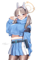 Rule 34 | 1girl, animal ears, belt, black pantyhose, blue archive, blue skirt, blue sweater, blush, breasts, brown eyes, brown hair, candy, cowboy shot, dated, fake animal ears, food, glasses, hair bobbles, hair ornament, halo, hattori masaki, highres, holding, holding candy, holding food, holding lollipop, large breasts, lollipop, long hair, long sleeves, looking at viewer, midriff, miniskirt, moe (blue archive), open mouth, pantyhose, pleated skirt, rabbit ears, ribbed sweater, round eyewear, simple background, skirt, sleeves past wrists, smile, solo, sweater, turtleneck, turtleneck sweater, twintails, white background