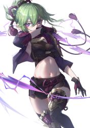 Rule 34 | 1girl, armor, body markings, breasts, covered mouth, cropped jacket, electricity, fishnet top, fishnets, floating hair, genshin impact, gloves, green hair, hair between eyes, hair ornament, highres, jacket, kuki shinobu, leg armor, navel, ninja, nule3309, partially fingerless gloves, ponytail, purple eyes, purple jacket, rope, shimenawa, short ponytail, short shorts, shorts, shoulder armor, simple background, small breasts, solo, stomach, tassel, thighhighs, thighs, white background