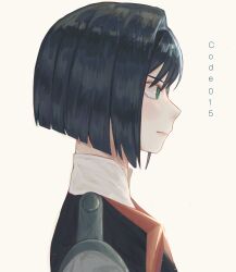 Rule 34 | 1girl, black jacket, blue hair, blunt ends, bob cut, breasts, close-up, closed mouth, commentary, darling in the franxx, english commentary, english text, from side, frown, green eyes, grey jacket, highres, ichigo (darling in the franxx), inverted bob, jacket, looking ahead, military uniform, mu ooa, multicolored clothes, multicolored jacket, profile, shirt, short hair, simple background, small breasts, solo, two-tone jacket, uniform, white background, white shirt