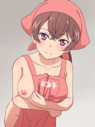 Rule 34 | 1girl, apron, breasts, brown hair, closed mouth, collarbone, commentary request, delicious party precure, gradient background, grey background, head scarf, large breasts, long hair, looking at viewer, meow (nekodenki), nagomi akiho, naked apron, nipples, one breast out, precure, purple eyes, red apron, red headwear, smile, solo