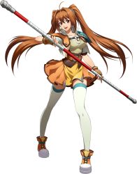 Rule 34 | 1girl, braid, brown eyes, brown hair, cropped jacket, crossover, eiyuu densetsu, estelle bright, falcom, fingerless gloves, full body, gloves, hair intakes, highres, holding, holding polearm, holding weapon, jacket, langrisser, long hair, looking at viewer, official art, open mouth, pauldrons, polearm, popped collar, short sleeves, shoulder armor, simple background, single pauldron, skirt, solo, sora no kiseki, thighhighs, twin braids, very long hair, weapon, white background, white thighhighs, zettai ryouiki