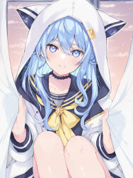 Rule 34 | 1girl, animal ears, animal hood, black choker, black sailor collar, black shirt, blue eyes, blue hair, blush, bow, bowtie, cat hood, choker, closed mouth, colored inner hair, commentary, curtain grab, curtains, double-parted bangs, fake animal ears, feet out of frame, hair between eyes, highres, hololive, hood, hood up, hooded jacket, hoshimachi suisei, hoshimachi suisei (school uniform), indoors, jacket, knees up, kohaku (csacu), long hair, looking at viewer, multicolored hair, official alternate costume, official alternate hairstyle, revision, sailor collar, school uniform, shirt, sidelocks, smile, solo, star (symbol), star in eye, sunset, symbol in eye, virtual youtuber, white jacket, window, yellow bow, yellow bowtie