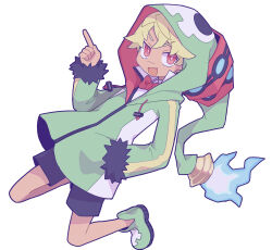 Rule 34 | 1boy, absurdres, black shorts, blonde hair, blue fire, bow, bowtie, child, disgaea, emizel (disgaea), fang, fire, green footwear, green hoodie, hand in pocket, highres, himawari (kawaisounaedesu), hood, hoodie, long sleeves, looking at viewer, makai senki disgaea 4, male focus, open mouth, red bow, red bowtie, red hair, shoes, shorts, smile, solo, white background