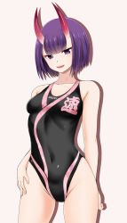 Rule 34 | 1girl, black one-piece swimsuit, bob cut, breasts, competition swimsuit, contrapposto, covered navel, cowboy shot, fang, fate/grand order, fate (series), fuuma nagi, grey background, highleg, highleg swimsuit, horns, looking at viewer, one-piece swimsuit, open mouth, purple eyes, purple hair, short hair, shuten douji (fate), simple background, skin-covered horns, small breasts, solo, speedo (company), swimsuit, teeth, upper teeth only