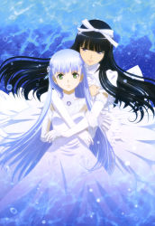 Rule 34 | 10s, 2girls, absurdres, aoki hagane no arpeggio, black hair, blue background, blue hair, cleavage cutout, clothing cutout, dress, elbow gloves, gloves, green eyes, hair ornament, highres, hug, hug from behind, iona (aoki hagane no arpeggio), light blue hair, lips, lipstick, long hair, looking at another, looking at viewer, makeup, multiple girls, official art, purple eyes, smile, very long hair, wedding dress, white dress, white gloves, wife and wife, yamato (aoki hagane no arpeggio), yuri