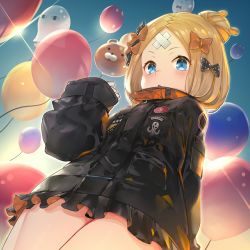 Rule 34 | 1girl, abigail williams (fate), abigail williams (traveling outfit) (fate), balloon, bandaid, bandaid on face, bandaid on forehead, belt, black bow, black jacket, blonde hair, blue eyes, blush, bow, breasts, crossed bandaids, fate/grand order, fate (series), forehead, from below, hair bun, heroic spirit traveling outfit, high collar, jacket, lens flare, long hair, long sleeves, looking at viewer, multiple bows, official alternate costume, open mouth, orange belt, orange bow, parted bangs, polka dot, polka dot bow, single hair bun, sleeves past fingers, sleeves past wrists, small breasts, solo, teddy (khanshin), thighs, twilight