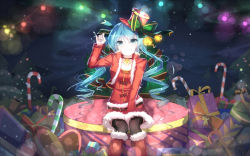 Rule 34 | 1girl, aqua eyes, aqua hair, bell, neck bell, boots, candy, candy cane, christmas, collar, food, fur boots, gift, hat, hatsune miku, highres, jingle bell, knee boots, long hair, night, pinky out, qys3, red footwear, revision, santa boots, sitting, skirt, smile, solo, thighhighs, top hat, twintails, vocaloid