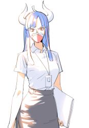 Rule 34 | 1girl, ahoge, alternate costume, black skirt, blue hair, collared shirt, covered mouth, curled horns, dinosaur girl, holding, holding paper, horns, id card, lanyard, long hair, looking at viewer, mask, mouth mask, multicolored hair, office lady, one piece, paper, pink eyes, pink hair, pink mask, raine (acke2445), shirt, shirt tucked in, skirt, solo, streaked hair, ulti (one piece), white shirt
