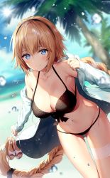 Rule 34 | 1girl, ahoge, alternate costume, beach, bikini, black bikini, blonde hair, blue sky, blurry, blurry background, blush, braid, braided ponytail, breasts, bridal garter, cleavage, closed mouth, cloud, collarbone, commentary request, day, fate/grand order, fate (series), groin, hair between eyes, hair ornament, hair scrunchie, hairband, highres, holding, holding shoes, jacket, jeanne d&#039;arc (fate), jeanne d&#039;arc (ruler) (fate), jeanne d&#039;arc (swimsuit archer) (fate), jeanne d&#039;arc (swimsuit archer) (first ascension) (fate), large breasts, light particles, long hair, long sleeves, looking at viewer, navel, necomi, ocean, open clothes, open jacket, outdoors, palm tree, sand, sandals, unworn sandals, scrunchie, shoes, sidelocks, signature, single braid, sky, smile, solo, sparkle, stomach, sunlight, swimsuit, thighs, tree, very long hair, wet, yellow eyes