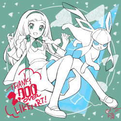 Rule 34 | 1girl, blunt bangs, blush, braid, coat, cosplay, creatures (company), eyelashes, game freak, gen 4 pokemon, glaceon, green background, green eyes, hairband, hands up, highres, kinocopro, knees together feet apart, lillie (pokemon), long hair, long sleeves, milestone celebration, nintendo, open clothes, open coat, pokemon, pokemon (anime), pokemon (creature), pokemon journeys, regina (pokemon), regina (pokemon) (cosplay), shirt, shoes, skirt, smile, twin braids, w arms
