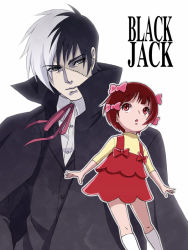 Rule 34 | 1boy, 1girl, bad id, bad pixiv id, black hair, black jack, black jack (character), black jack (series), bow, child, coat, copyright name, dky, dokuya, formal, grey eyes, hair bow, multicolored hair, multiple hair bows, open mouth, overcoat, pink bow, pinoko, red eyes, red hair, ribbon, scar, split-color hair, two-tone hair, white background, white hair
