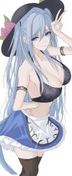 Rule 34 | 1girl, 7saki, apron, black headwear, blue hair, blue skirt, bra, breasts, cleavage, frilled apron, frilled skirt, frills, highres, hinanawi tenshi, lace, lace-trimmed bra, lace trim, large breasts, leaf hat ornament, long hair, midriff, no shirt, peach hat ornament, rainbow gradient, red eyes, sidelocks, skirt, solo, thighhighs, touhou, twintails, underwear, waist apron, white apron, white background