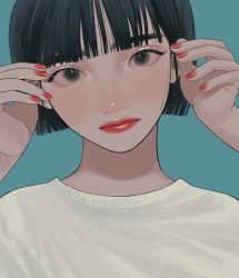 Rule 34 | 1girl, black eyes, black hair, blue background, closed mouth, commentary, hands up, highres, looking at viewer, nail polish, original, red lips, red nails, shirt, short hair, signature, simple background, solo, tori no 3046, upper body, white shirt