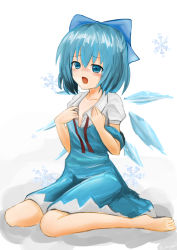 Rule 34 | 1girl, barefoot, blue dress, blue eyes, blue hair, blush, cirno, dress, full body, hair ornament, hair ribbon, ice, ice wings, matching hair/eyes, nise (  nise6  ), off shoulder, open mouth, puffy sleeves, ribbon, short hair, short sleeves, sitting, snowflakes, solo, touhou, white background, wings