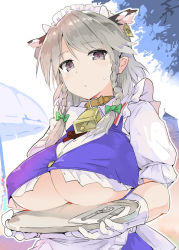 Rule 34 | 1girl, animal ears, bell, neck bell, bow, braid, breasts, collar, cow ears, crop top, fork, gloves, green bow, grey eyes, grey hair, hair bow, izayoi sakuya, knife, large breasts, looking at viewer, maid headdress, puuakachan, scarlet devil mansion, short sleeves, solo, sweatdrop, touhou, tray, twin braids, underboob, upper body, white gloves