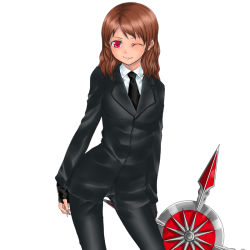 Rule 34 | 1990s (style), 1girl, brown hair, cissnei, crisis core final fantasy vii, final fantasy, final fantasy vii, formal, gloves, pant suit, pants, red eyes, retro artstyle, rokuichi, shuriken, solo, suit, turks (ff7), weapon