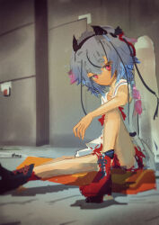 Rule 34 | 1other, absurdres, arm on knee, asymmetrical footwear, black footwear, blue hair, blurry, blurry background, boots, closed mouth, colored tips, commentary request, dot mouth, expressionless, film grain, full body, gynoid talk, hair flaps, highres, hikimayu, horns, kabuyama kaigi, knee up, looking at viewer, meika mikoto, mismatched footwear, multicolored hair, parking block, parking lot, pink eyes, pink hair, raised eyebrows, red footwear, red skirt, sailor collar, shirt, sitting, sitting on object, skirt, sleeveless, sleeveless shirt, solo, streaked hair, vignetting, vocaloid, white sailor collar, white shirt