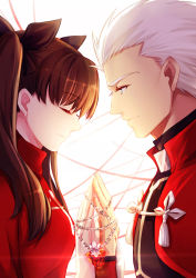 Rule 34 | 1boy, 1girl, archer (fate), brown hair, chain, fate/stay night, fate (series), grey eyes, hair ribbon, jewelry, necklace, ribbon, simple background, tohsaka rin, two side up, white hair, yaoshi jun