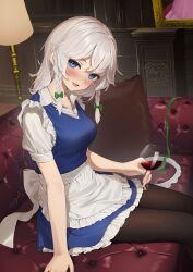 Rule 34 | 1girl, alcohol, apron, black pantyhose, blue dress, blue eyes, blush, braid, buttons, cup, drawing (object), dress, drinking glass, frilled dress, frills, highres, holding, holding cup, izayoi sakuya, kanpa (campagne 9), lamp, maid, maid apron, maid headdress, open mouth, pantyhose, shirt, short hair, short sleeves, sitting, smile, solo, touhou, twin braids, waist apron, white apron, white hair, white shirt, wine, wine glass