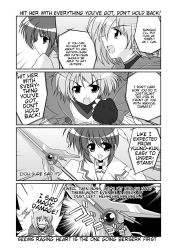 Rule 34 | 00s, 1boy, 2girls, cape, clenched hand, comic, english text, fingerless gloves, gloves, greyscale, hard-translated, holding, holding staff, holding sword, holding weapon, lyrical nanoha, magical boy, magical girl, mahou shoujo lyrical nanoha, mahou shoujo lyrical nanoha a&#039;s, mikage takashi, monochrome, motion lines, multiple girls, open mouth, raising heart, short hair, staff, sweatdrop, sword, takamachi nanoha, third-party edit, translated, twintails, upper body, weapon, yuuno scrya