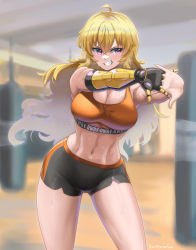Rule 34 | 1girl, abs, ahoge, artist name, blonde hair, blurry, blurry background, breasts, burnt green tea, cleavage, copyright name, cowboy shot, grin, hair between eyes, highres, large breasts, long hair, mechanical arms, midriff, navel, parted lips, punching bag, purple eyes, rwby, shorts, single mechanical arm, smile, solo, sports bra, standing, stretching, sweat, teeth, watermark, yang xiao long